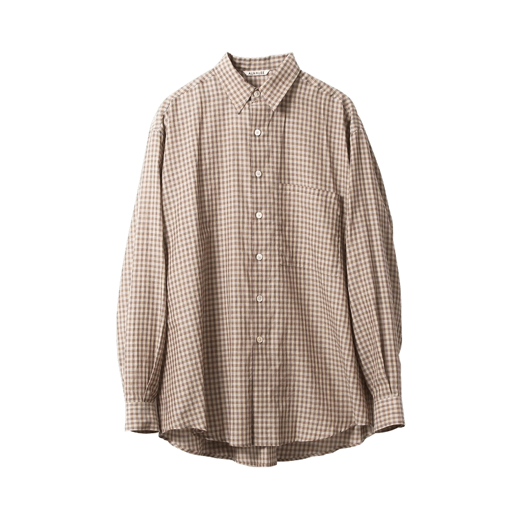 Auralee Airy Light Cotton Check Big Shirt "Brown Gingham Check"