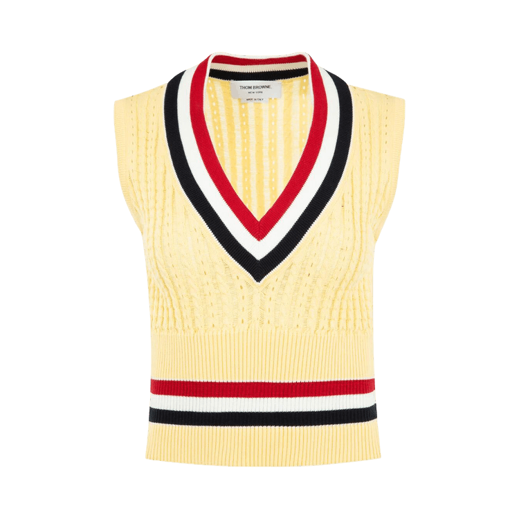 Thom Browne Ladder Cable Shrunken V Neck Pullover Vest "Light Yellow"