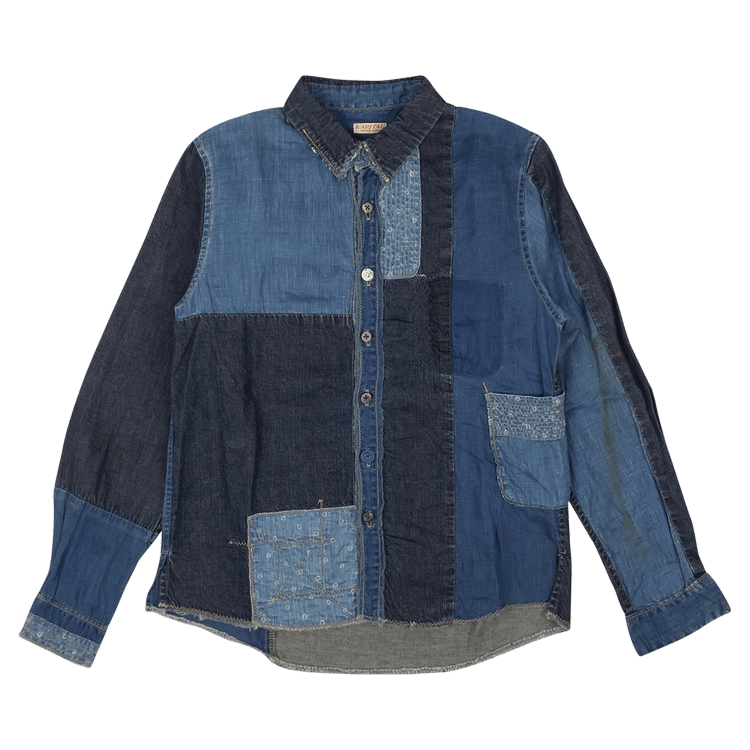 Kapital Patchwork Linen And Cotton Chambray Shirt "Blue"