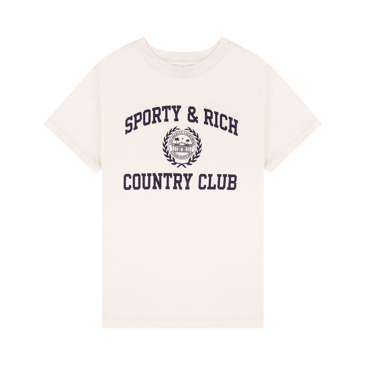 Sporty & Rich Varsity Crest Essential Tee "Ecru/Navy"