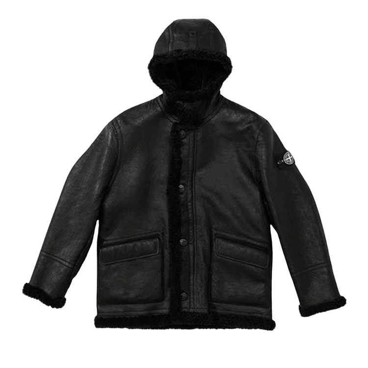 Supreme x Stone Island Hand Painted Hooded Shearling Jacket "Black"