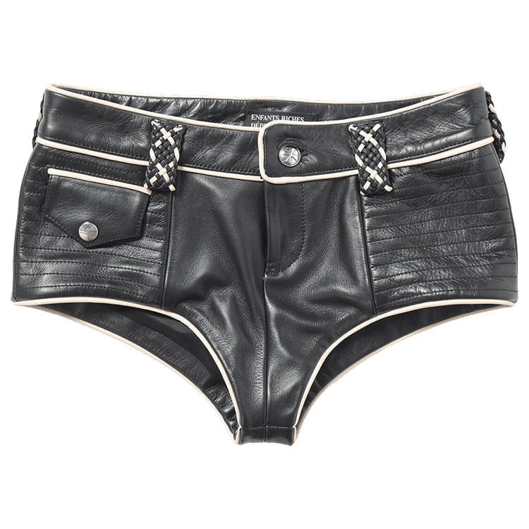 Enfants Riches Déprimés Leather Micro Shorts With Braided Belt Loops "Black/Ivory"