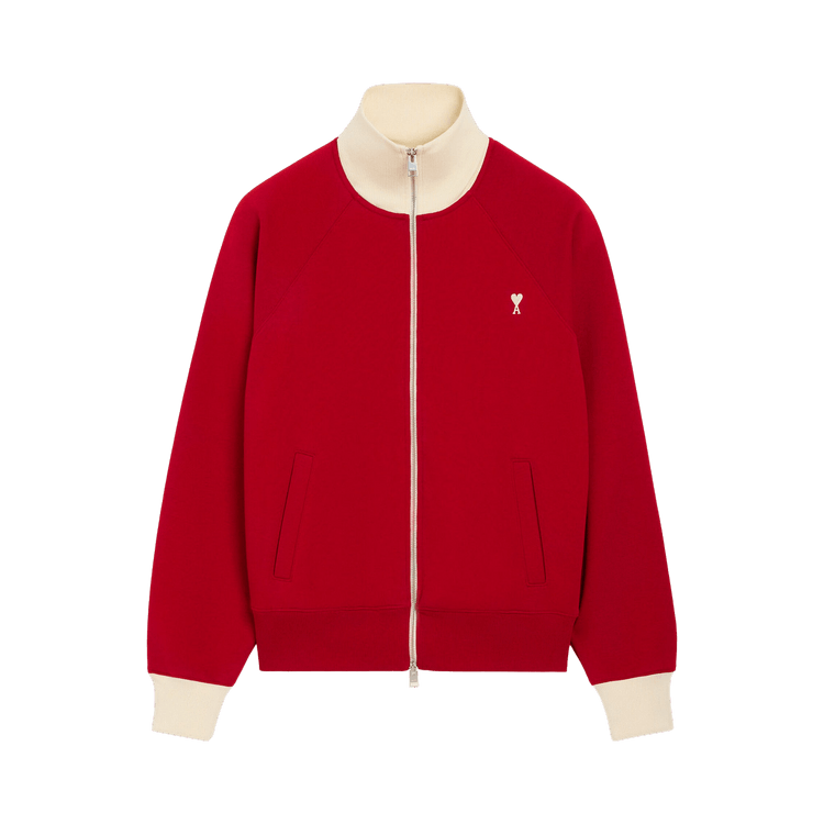 Ami Quota Bicolor Zipped Sweatshirt With Off White De Coeur Embroidery "Vert Bouteille/ Ivoire"