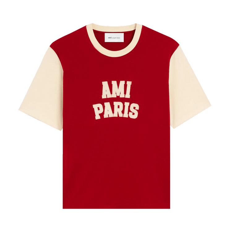 Ami T-Shirt With Paris Felt Embroidery "Rouge Rubis/Ivoire"