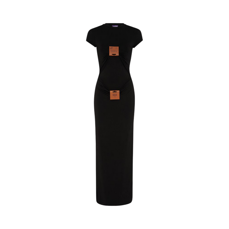Jean Paul Gaultier Stretch Viscose Jersey Long Dress With Leather Tag Detail "Black"