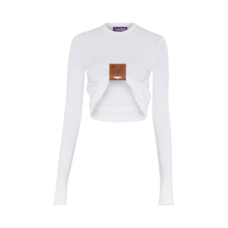 Jean Paul Gaultier Stretch Viscose Jersey Long Sleeves Top With Leather Tag Detail "White"