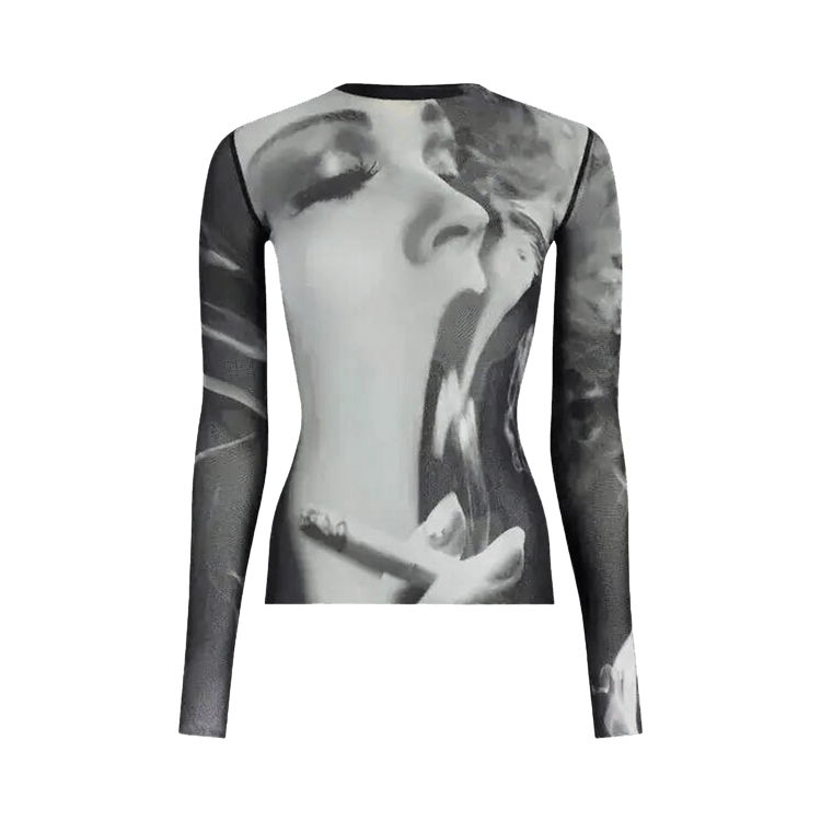 Jean Paul Gaultier Mesh Long Sleeves Top Printed "Smoking Women" "Black/Grey/White"