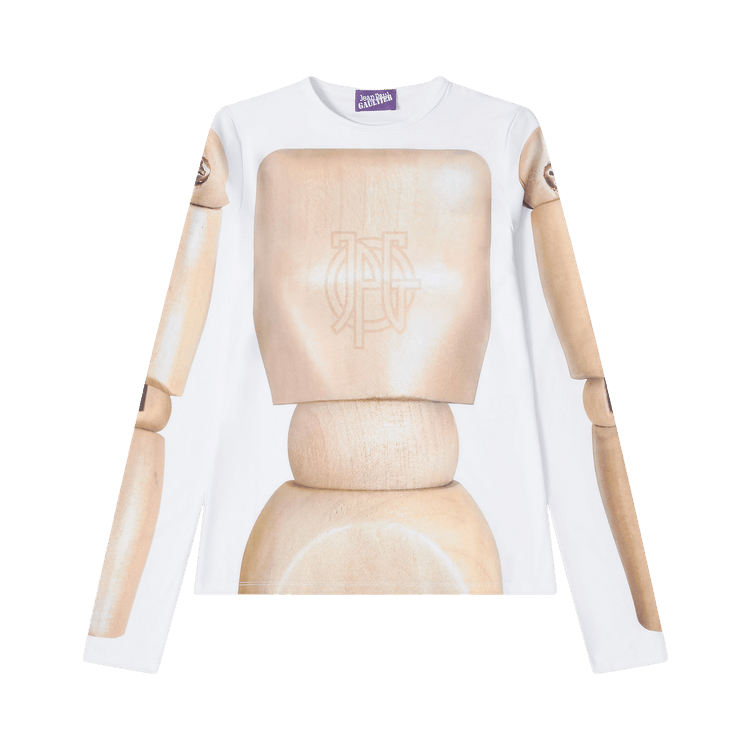 Jean Paul Gaultier Jersey Lycra Long Sleeves Crew Neck Printed "Wooden Body" "Beige/White"