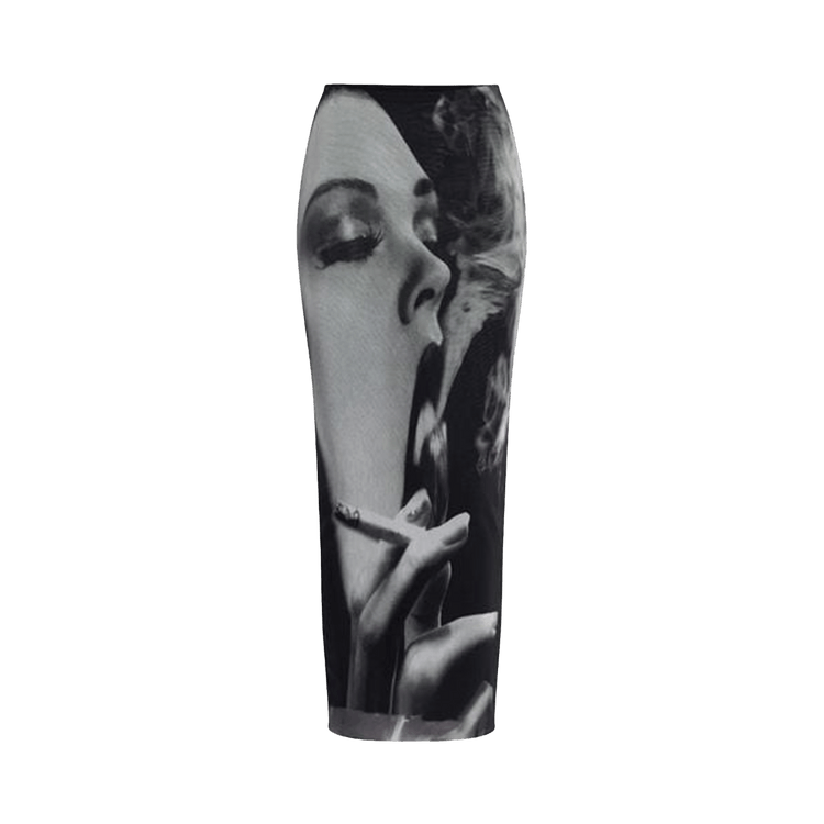 Jean Paul Gaultier Mesh Long Skirt Printed "Smoking Women" "Black/Grey/White"