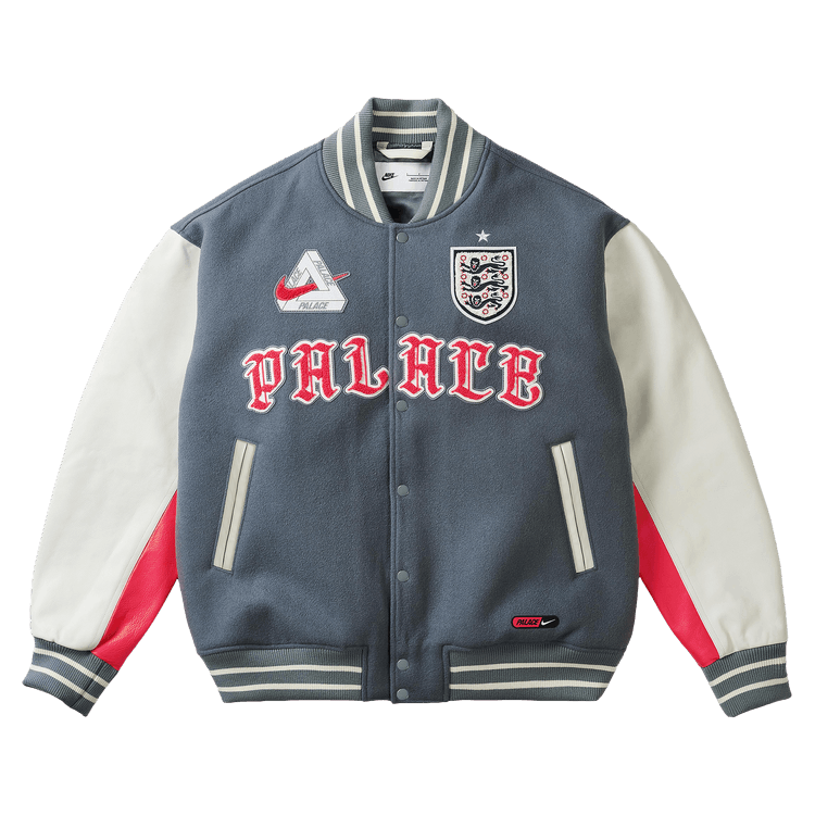 Palace x Nike England Varsity Jacket "Cool Grey/White/Bright Crimson"
