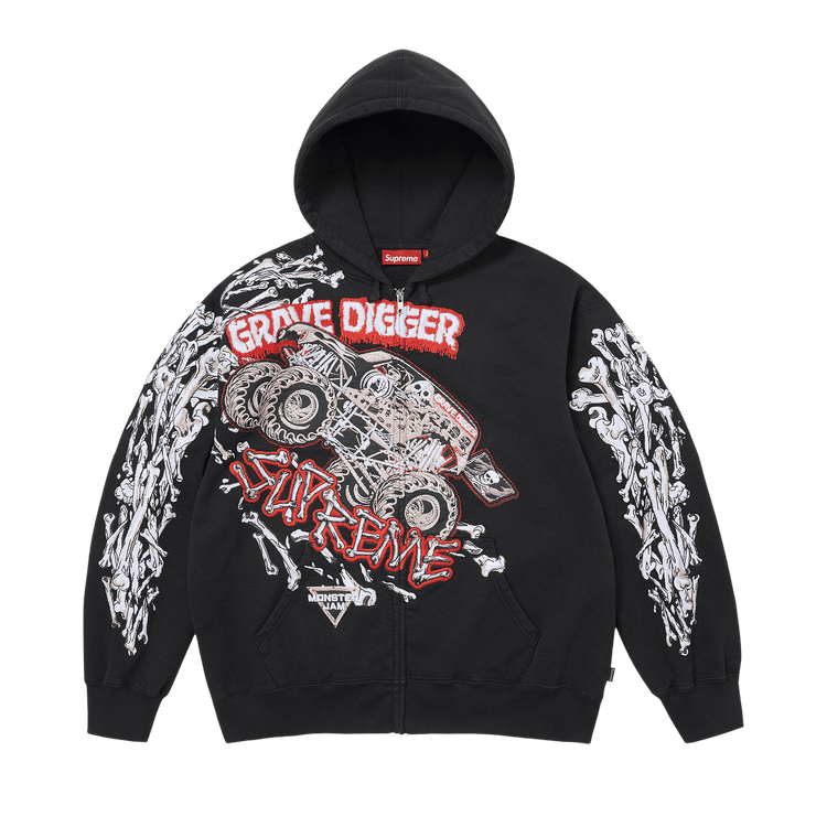 Supreme Monster Jam Grave Digger Bones Zip Up Hooded Sweatshirt "Black"