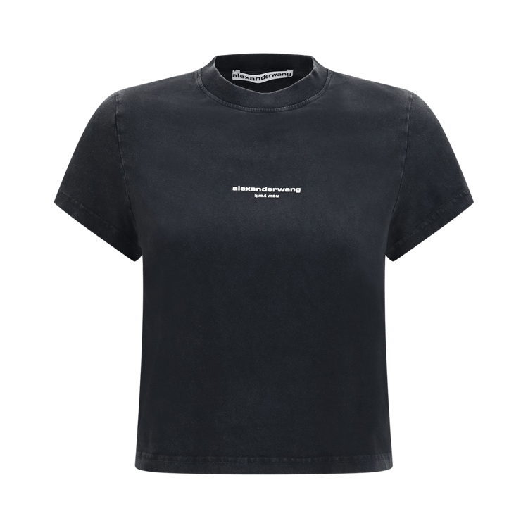 Alexander Wang Shrunken Short-Sleeve Logo Print Tee "Washed Black"