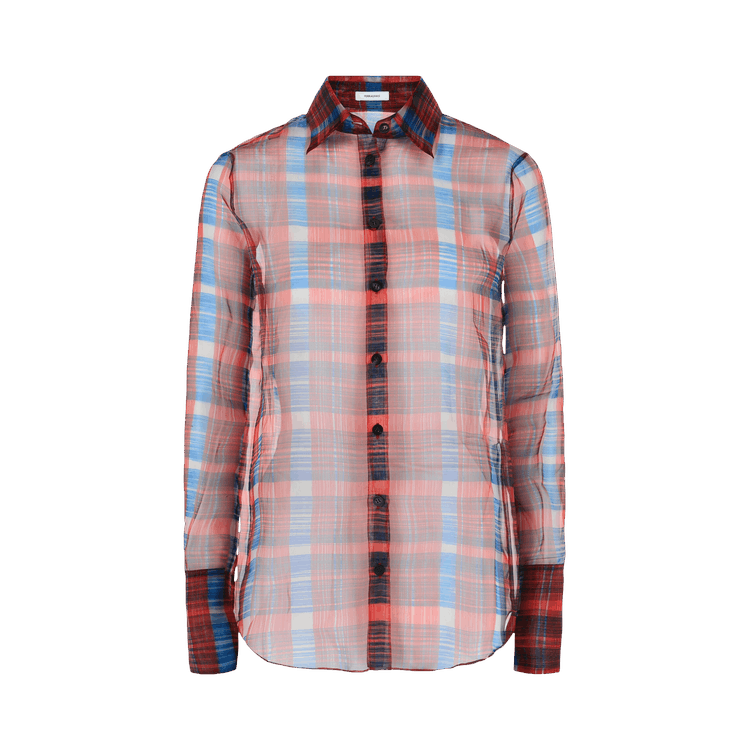 Ferragamo August Organza Check Button-Front Shirt "Bone"