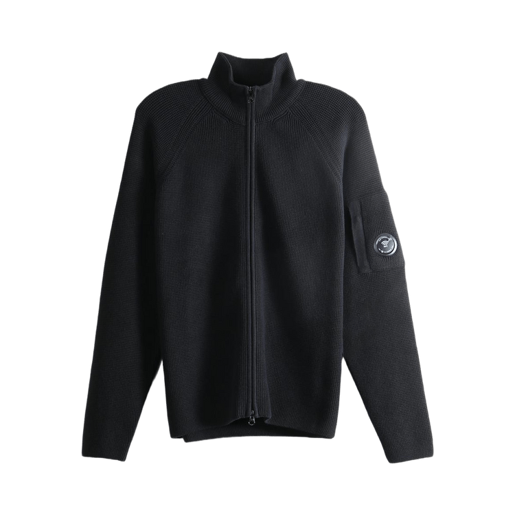 C.P. Company Waffle Knit Cotton Zip Lens Cardigan "Black"
