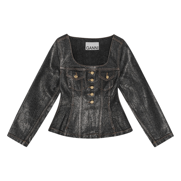 GANNI Shimmery Foil Denim Fitted Blazer "Washed Black/Black"