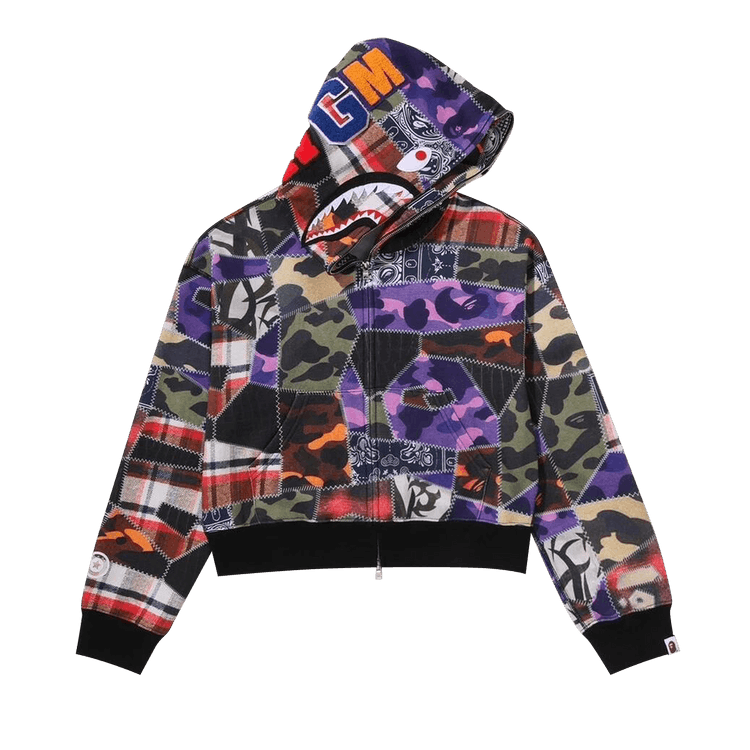 BAPE Crazy Patch Boxy Cropped Shark Full Zip Hoodie "Multi"