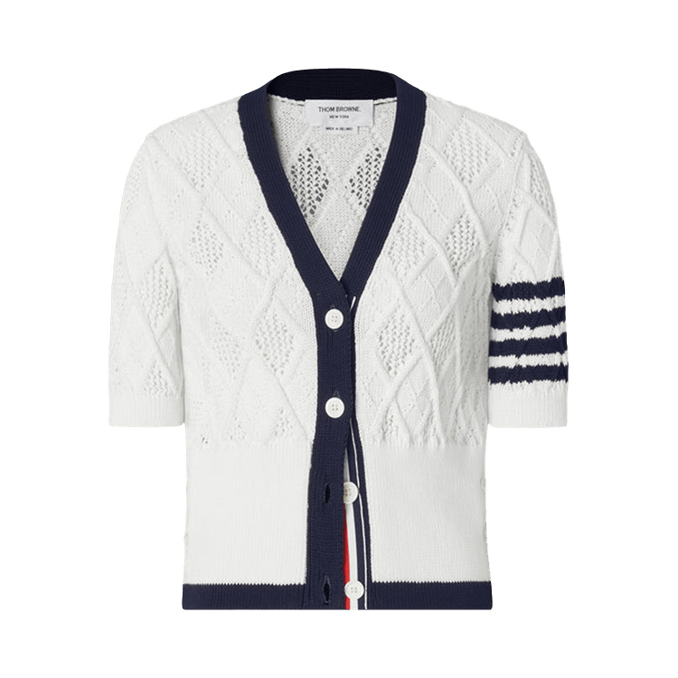 Thom Browne Argyle Pointelle Cable Classic Fit Short-Sleeve V Neck Cardigan "White"
