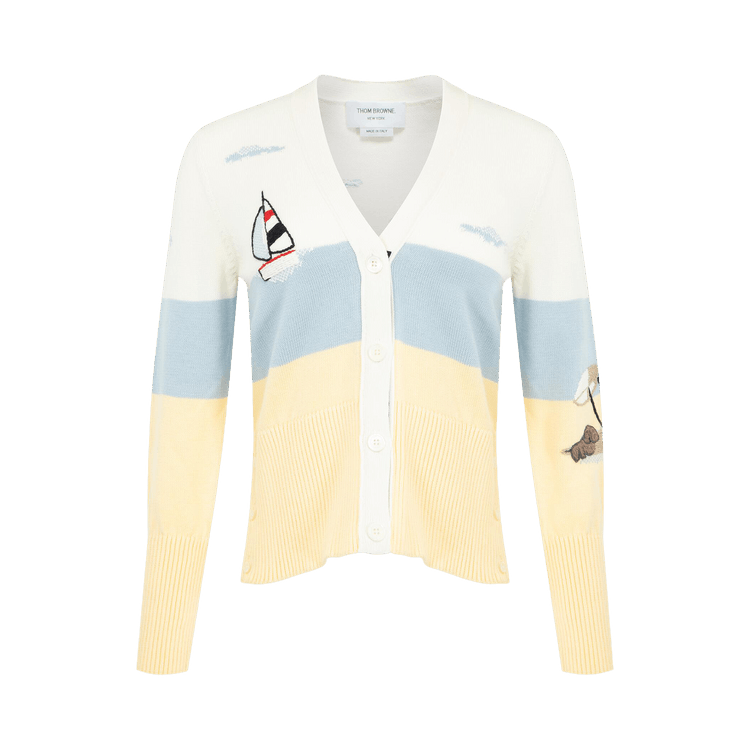Thom Browne Hand Embroidery Nantucket Scenic Jersey Intarsia Classic Fit V-Neck Cardigan "White"