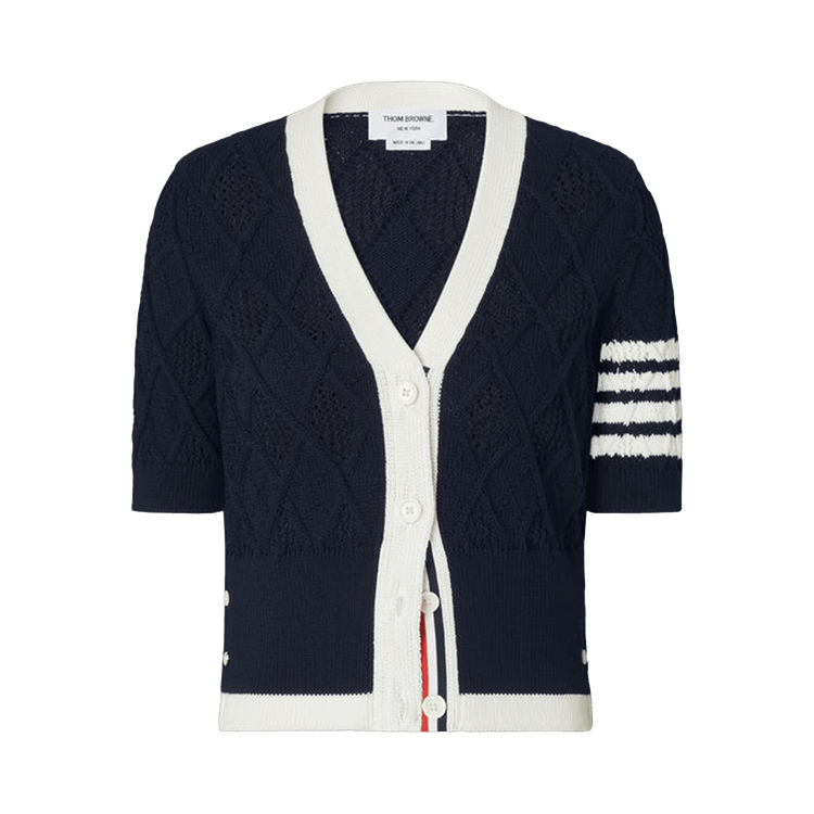 Thom Browne Argyle Pointelle Cable Classic Fit Short-Sleeve V-Neck Cardigan "Navy"