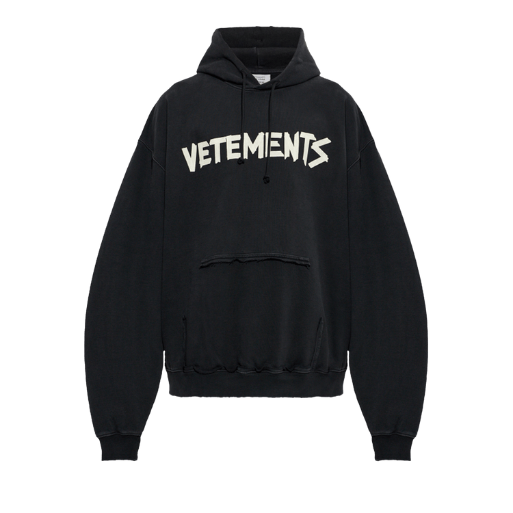 Vetements Tape Logo Destroyed Hoodie "Faded Black"