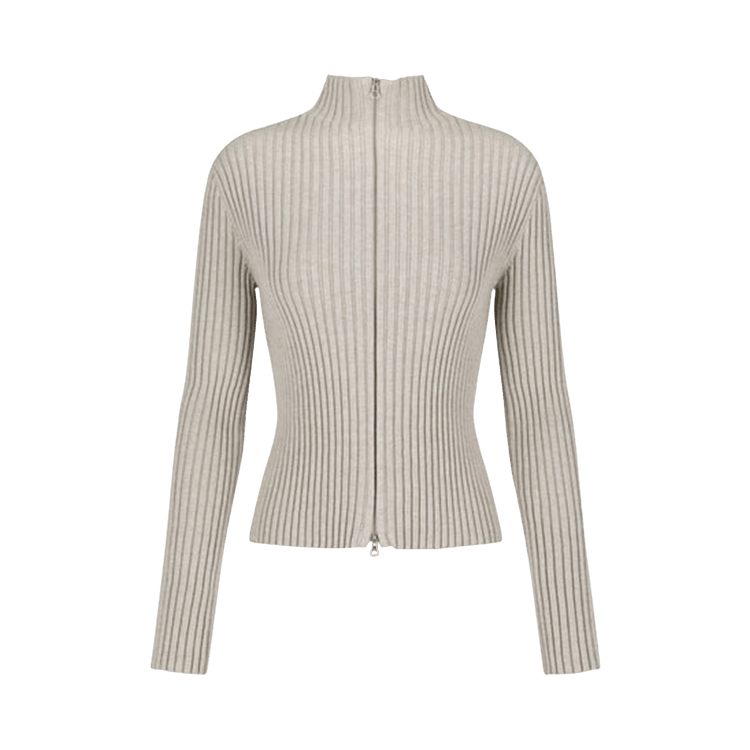 Amomento Ribbed High Neck Zip Up "Beige"