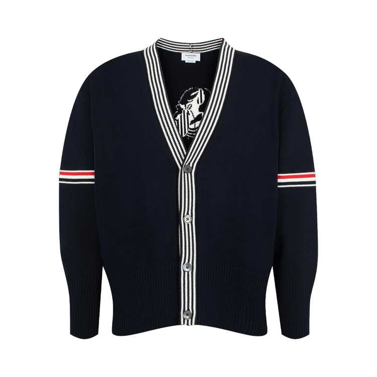 Thom Browne Lobster Jersey Stitch V Neck Cardigan In Cotton With RWB Stripe "Navy"