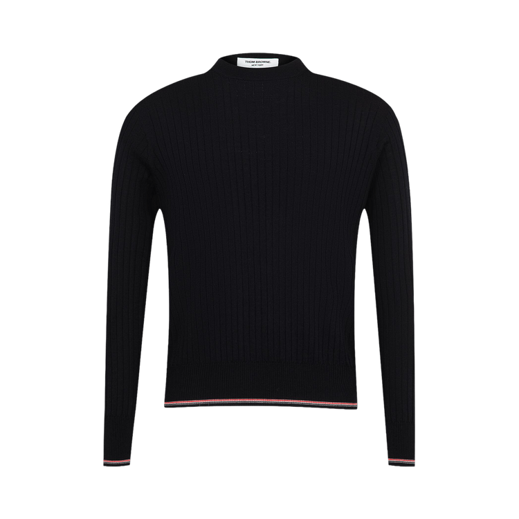 Thom Browne Rib Stitch Crewneck Pullover In Merino Wool With RWB Stripe "Navy"