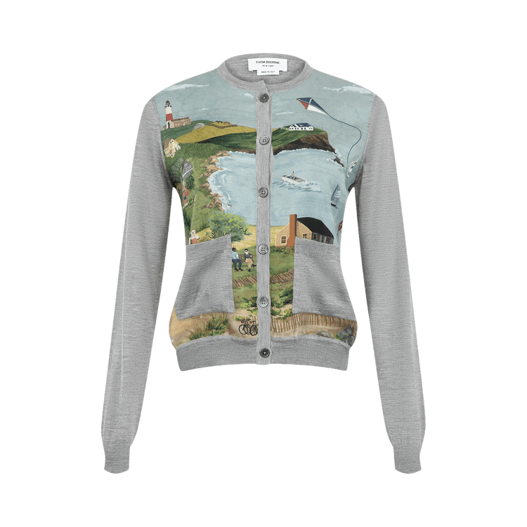 Thom Browne Nantucket Scenic Jersey Stitch Crew Neck Cardigan "Light Grey"