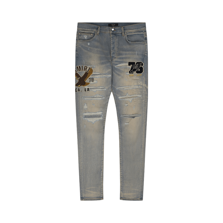 Amiri Varsity Eagle Logo Jeans "Antique Indigo"