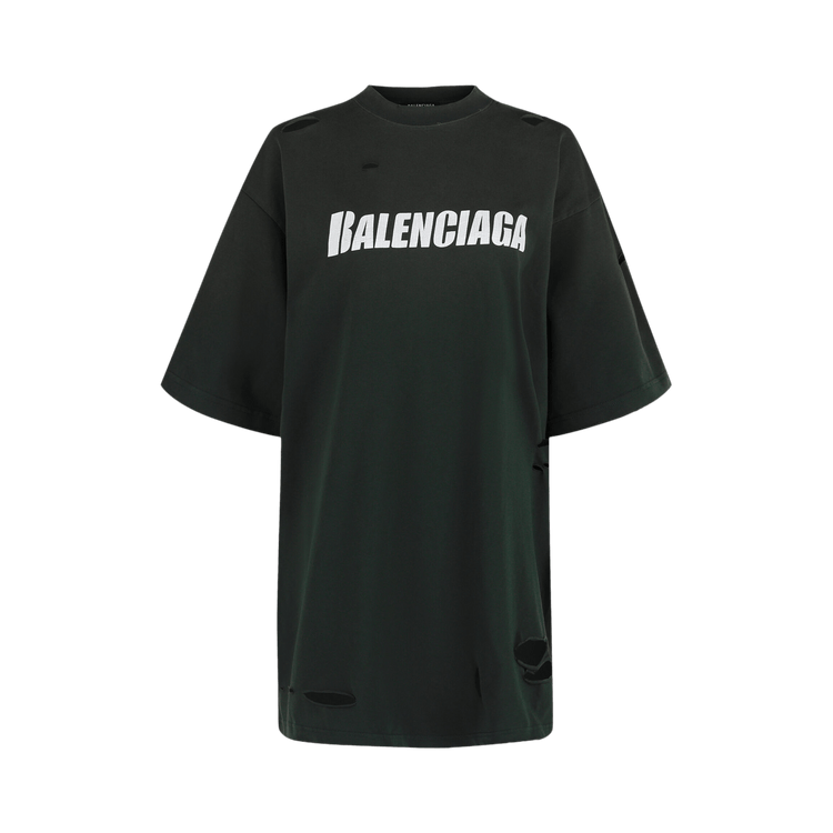 Balenciaga Caps Destroyed Boxy Fit T-Shirt "Dark Green/White"