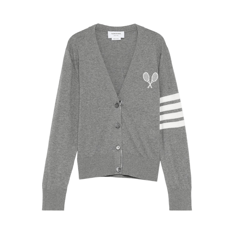 Thom Browne Tennis Racquets Intarsia Neck Cardigan "Light Grey"