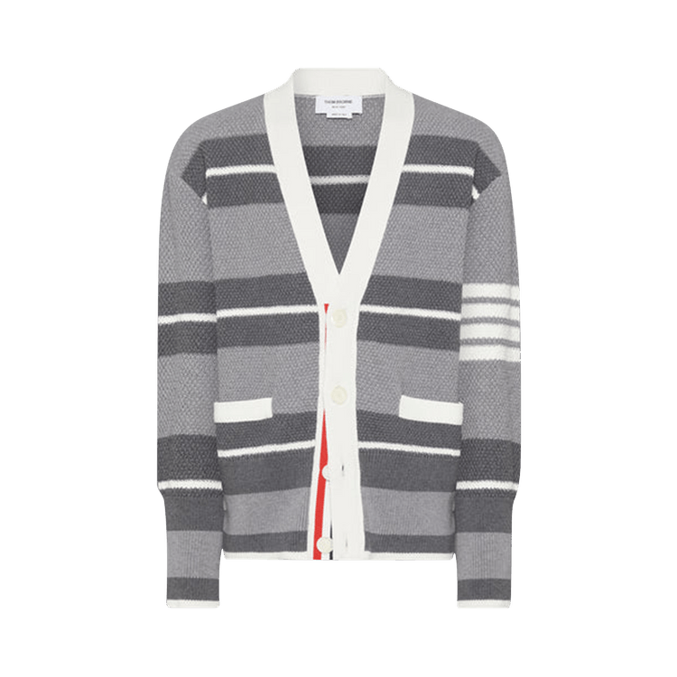 Thom Browne Classic Stripe Seed Stitch Neck Cardigan "Medium Grey"