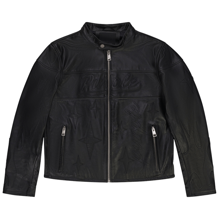 PURPLE BRAND Leather Zip Moto Jacket "Black"