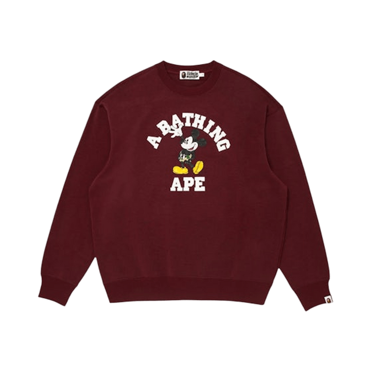 BAPE X Disney Mickey Mouse College Relaxed Fit Crewneck "Burgundy"