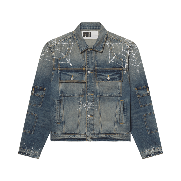 Sp5der Rhinestone Web Denim Jacket "Indigo"