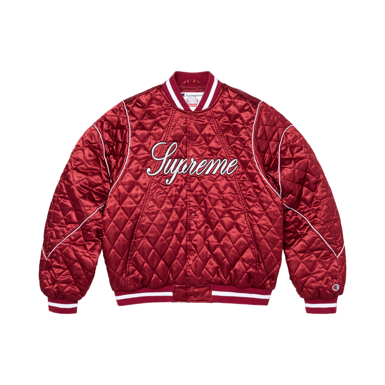 Supreme x Champion Quilted Satin Varsity Jacket "Dark Red"