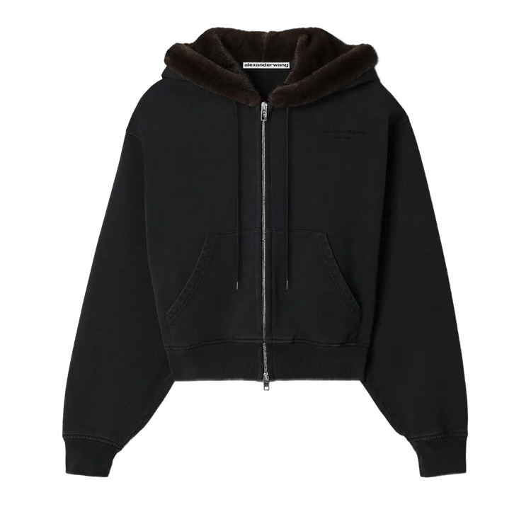 Alexander Wang Faux Fur Hood Zip-Up Hoodie "Washed Black"