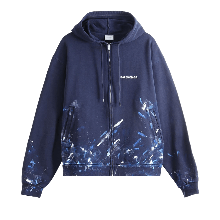 Balenciaga Paint Splatter Oversized Zip-Up Hoodie "Navy"
