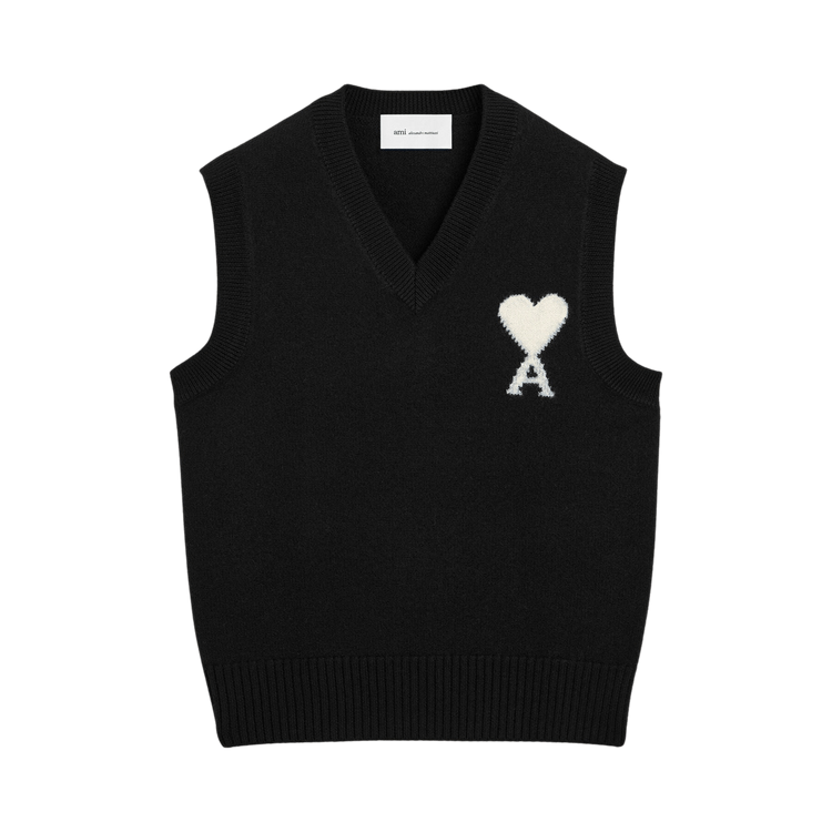 Ami Black Sleeveless Wool Sweater With De Coeur "Black/Off White"