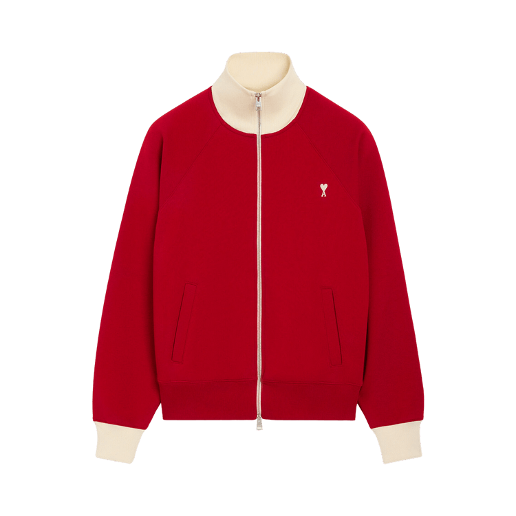 Ami Red Zipped Cotton Sweatshirt With De Coeur "Ruby Red/Ivory"