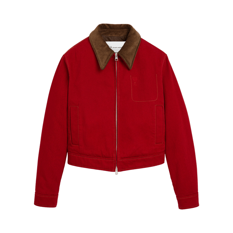 Ami Red Cotton Zipped Jacket With De Coeur "Ruby Red"