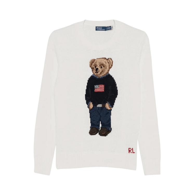 Polo Ralph Lauren Cotton/Linen Bear-Bear Sweater-Long Sleeve-Pullover "Deckwash White Multi"