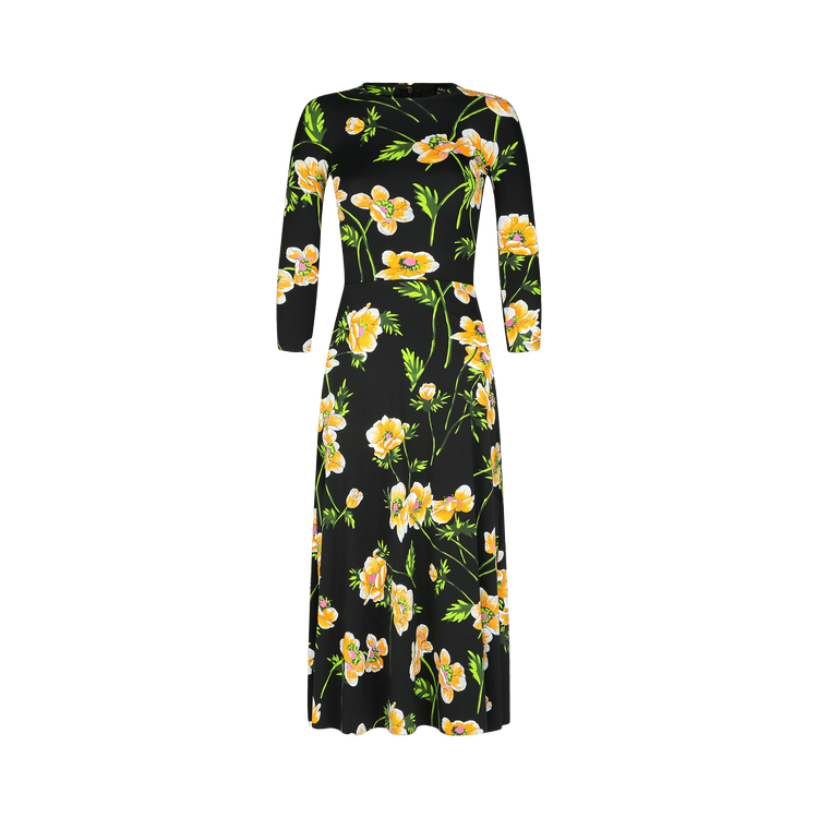 Balenciaga Floral-Print A-Line Crewneck Dress "Black Yellow"