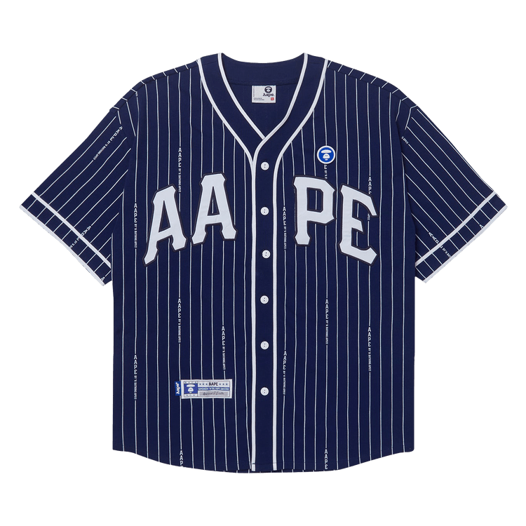 AAPE Moonface Patch Striped Short-Sleeve Shirt "Navy/Blue"
