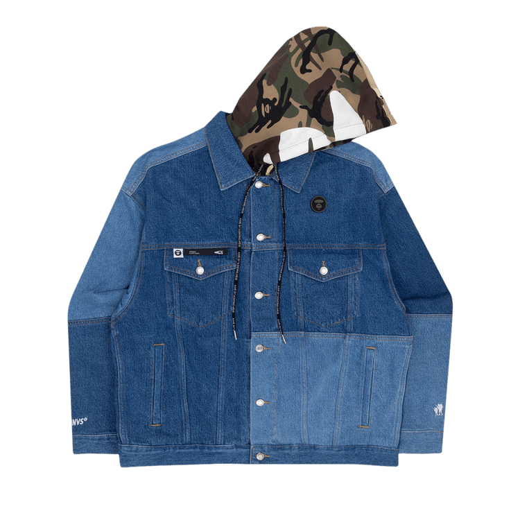 AAPE Moonface Panelled Hooded Denim Jacket "Blue"