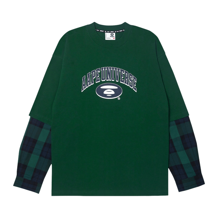 AAPE Moonface Plaid-Panelled Long-Sleeve Tee "Green/Dark"
