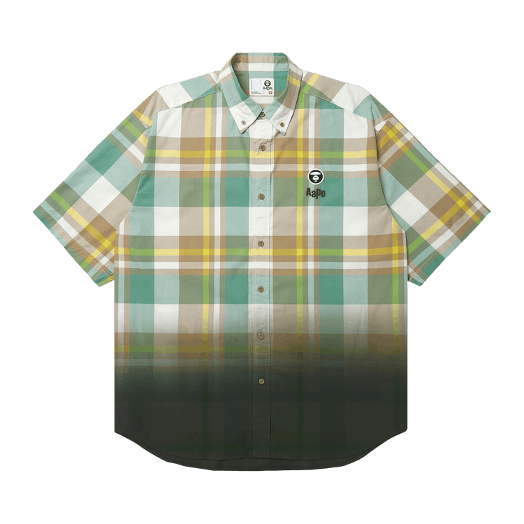 AAPE Moonface Embroidered Gradient Plaid Short-Sleeve Shirt "Beige/Green"