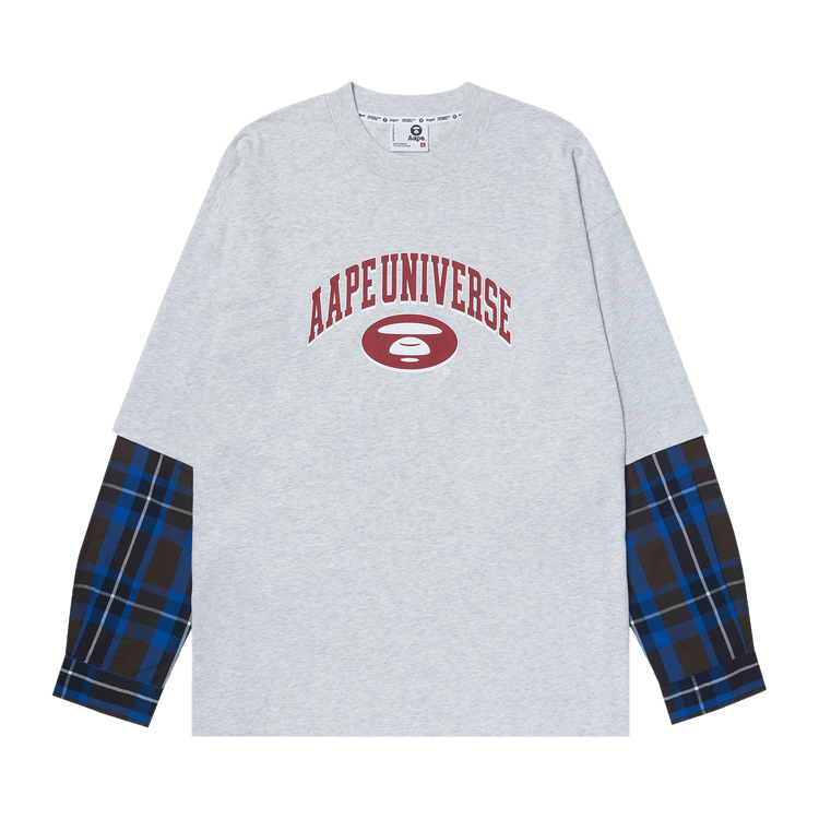 AAPE Moonface Plaid-Panelled Long-Sleeve Tee "White/Heather"