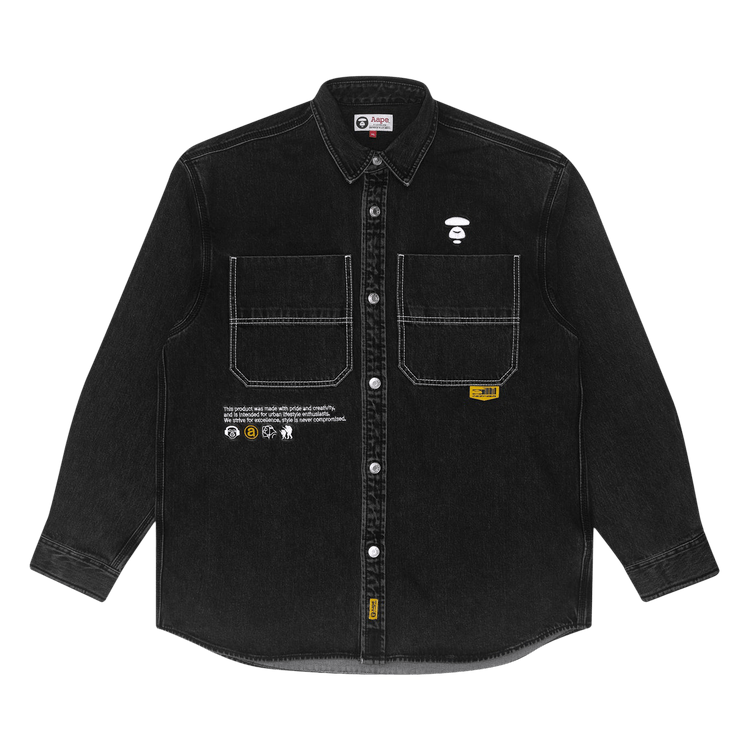 AAPE Moonface Embroidered Denim Shirt "Black"