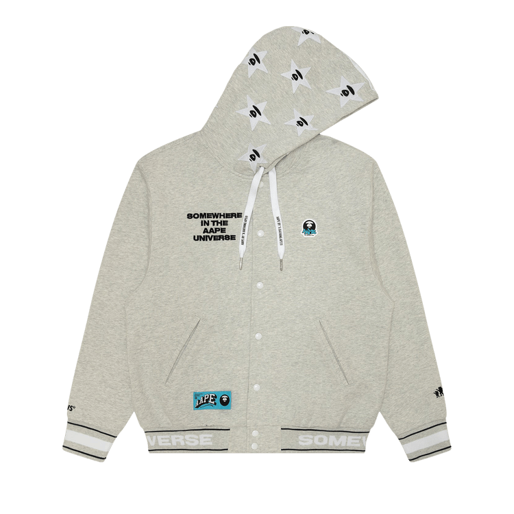 AAPE Moonface Logo Hooded Varsity Jacket "White/Heather"